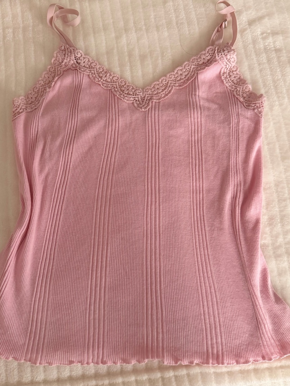 Pink Ribbed Knit Camisole Top Lace Trim V-Neck Cami